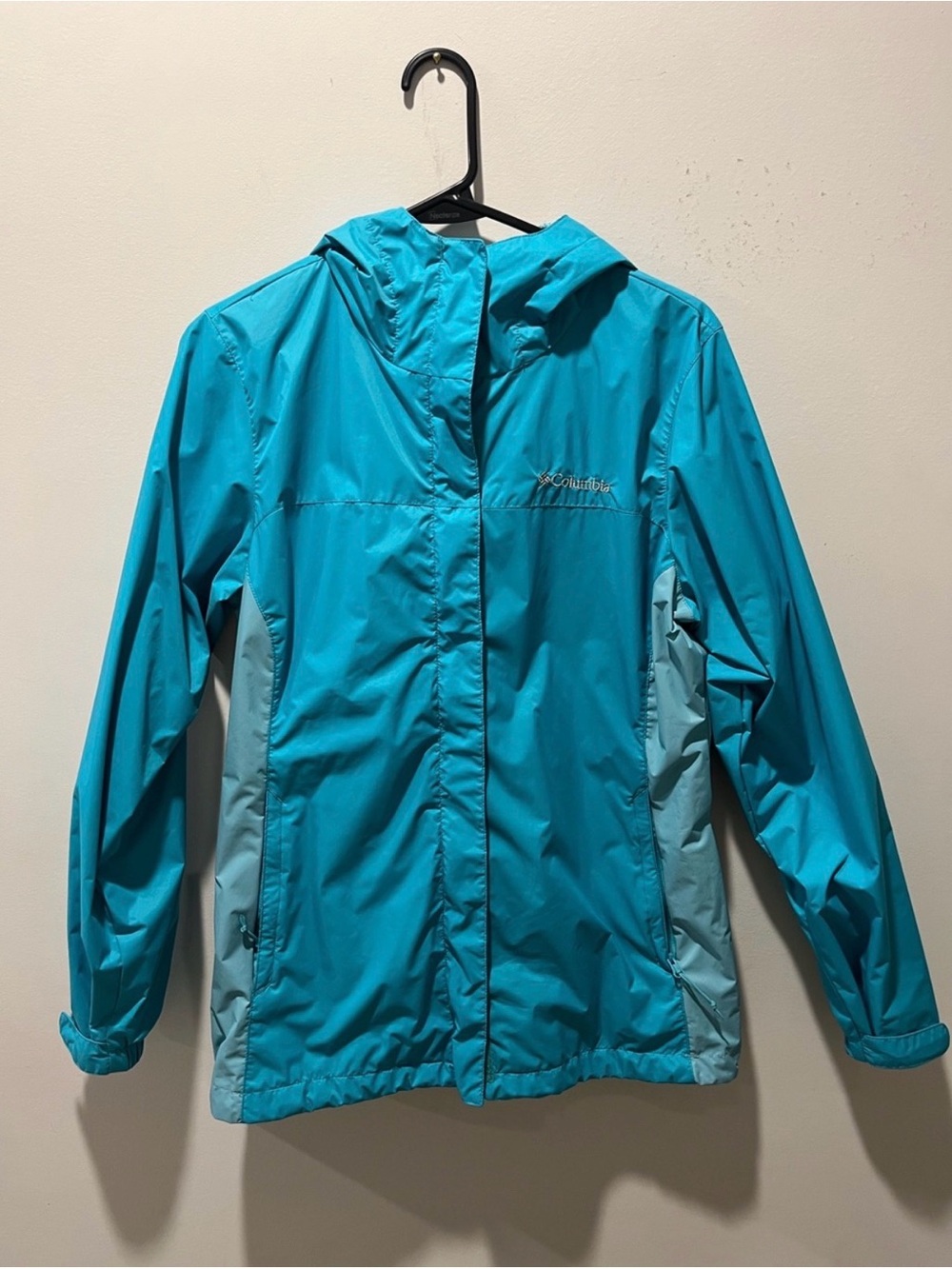 Columbia Teal and Light Teal Hooded Rain Jacket